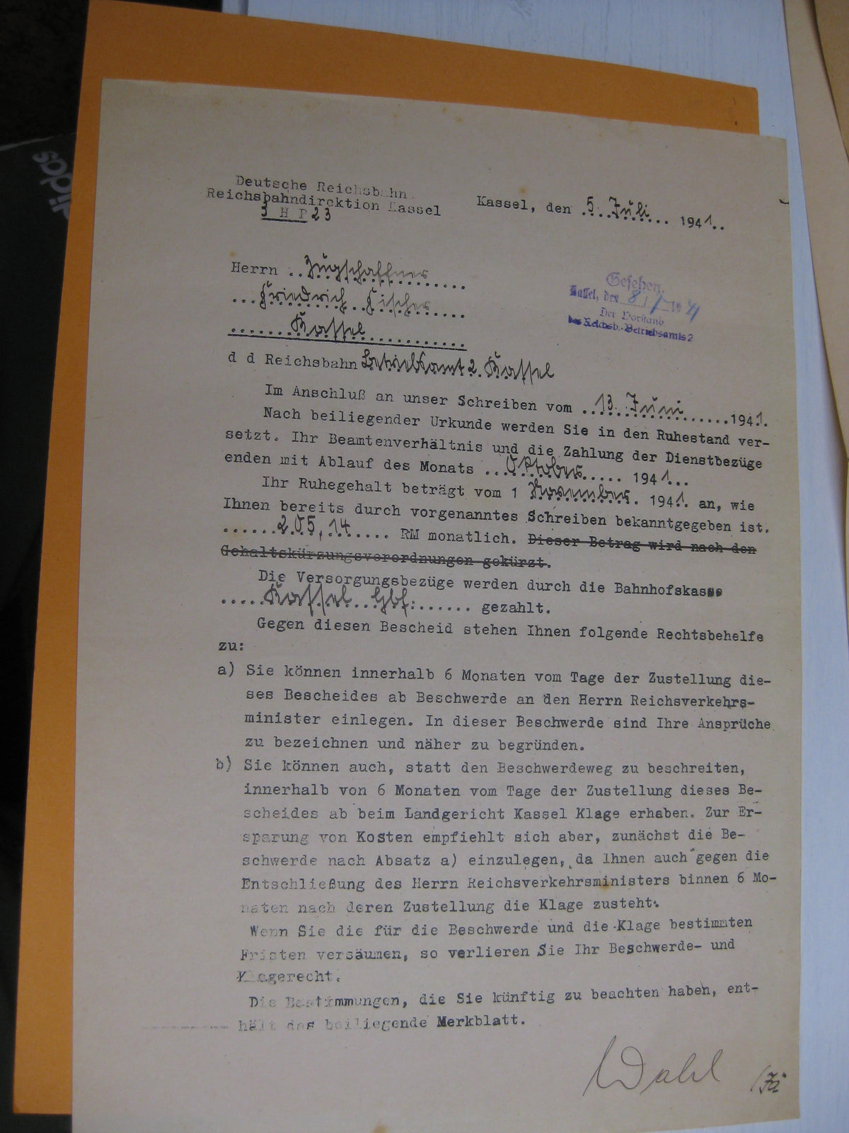 Dokumente Reichsbahn Kassel Eisenbahn Ruhestandsurkunde Verleihungsurkunde