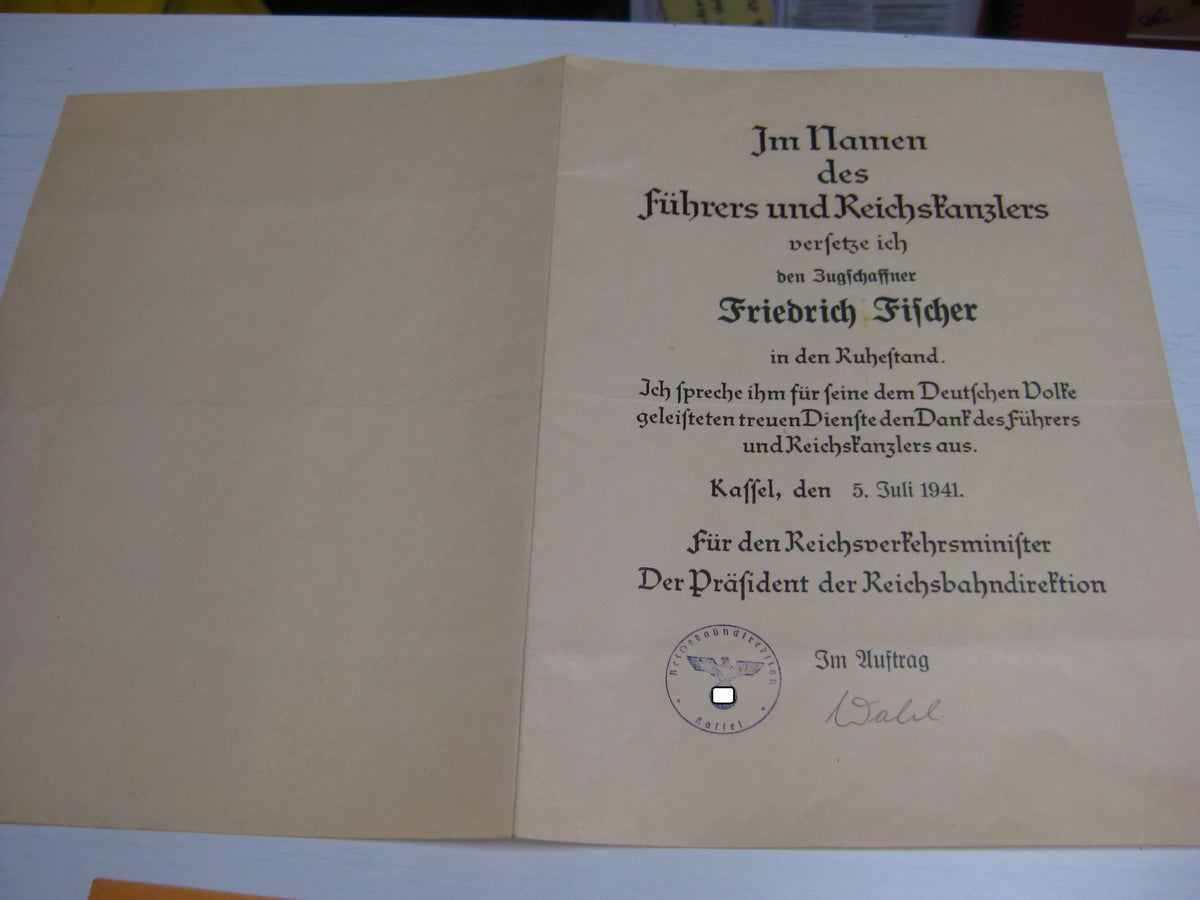 Dokumente Reichsbahn Kassel Eisenbahn Ruhestandsurkunde Verleihungsurkunde