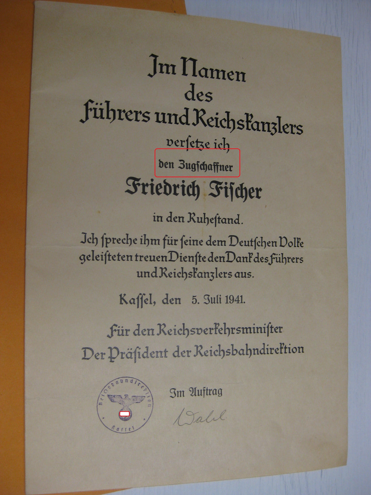 Dokumente Reichsbahn Kassel Eisenbahn Ruhestandsurkunde Verleihungsurkunde