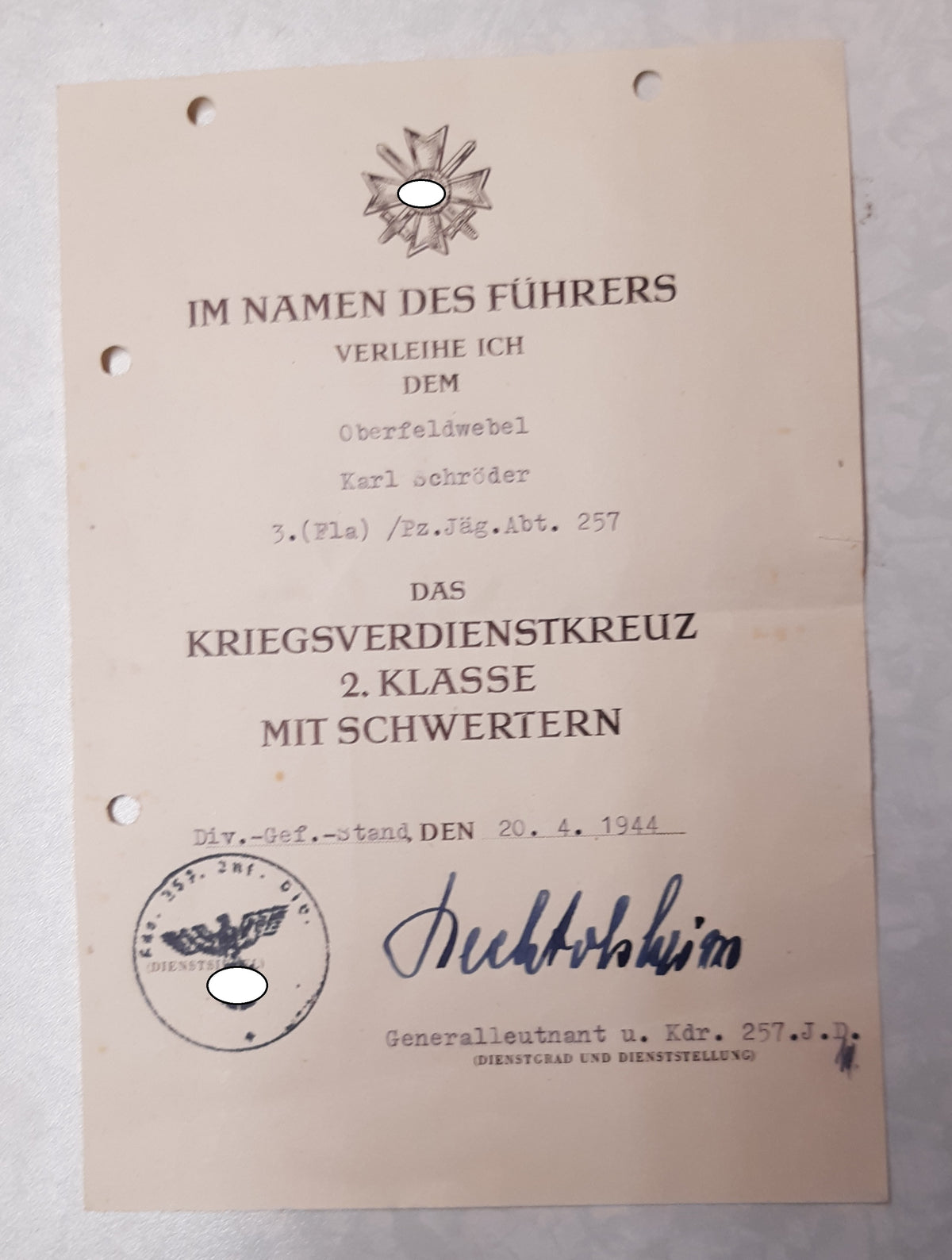 Besitzzeugnis Verleihungsurkunde Orden &amp; Ehrenzeichen Panzerjäger Abteilung 257