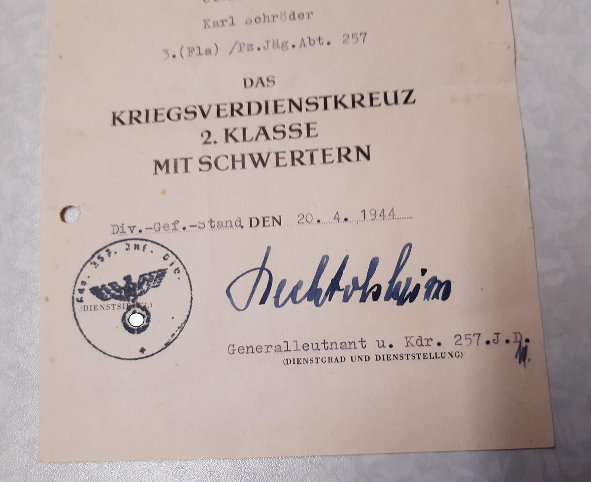 Besitzzeugnis Verleihungsurkunde Orden &amp; Ehrenzeichen Panzerjäger Abteilung 257