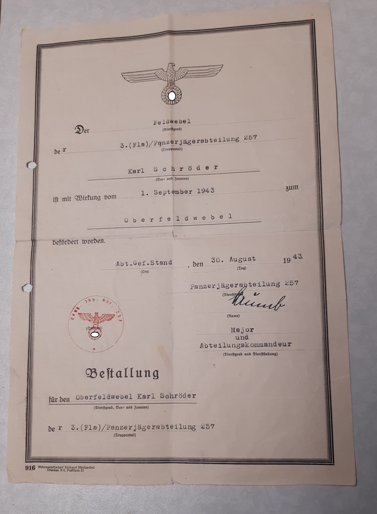 Besitzzeugnis Verleihungsurkunde Orden &amp; Ehrenzeichen Panzerjäger Abteilung 257