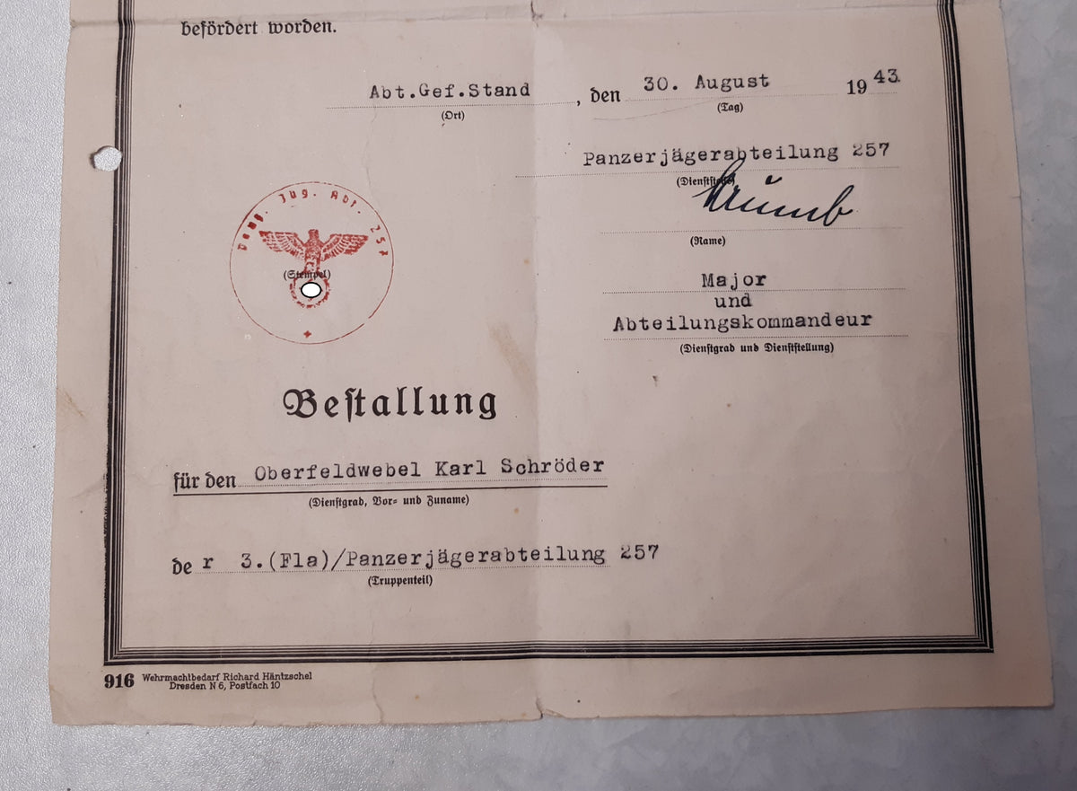 Besitzzeugnis Verleihungsurkunde Orden &amp; Ehrenzeichen Panzerjäger Abteilung 257