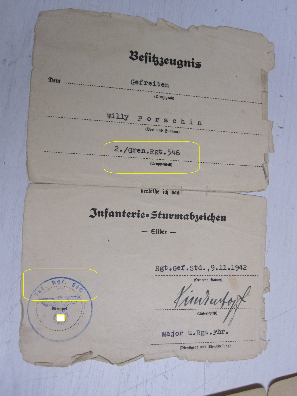 Besitzzeugnis Verleihungsurkunde Infanterie Sturmabzeichen STALINGRADKÄMPFER !!