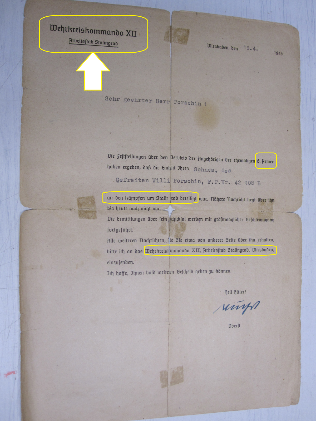 Besitzzeugnis Verleihungsurkunde Infanterie Sturmabzeichen STALINGRADKÄMPFER !!