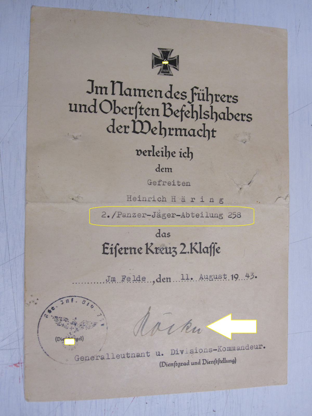 Besitzzeugnis Verleihungsurkunden Panzerjägerabteilung Sturmgeschütz ANNABERG O/S