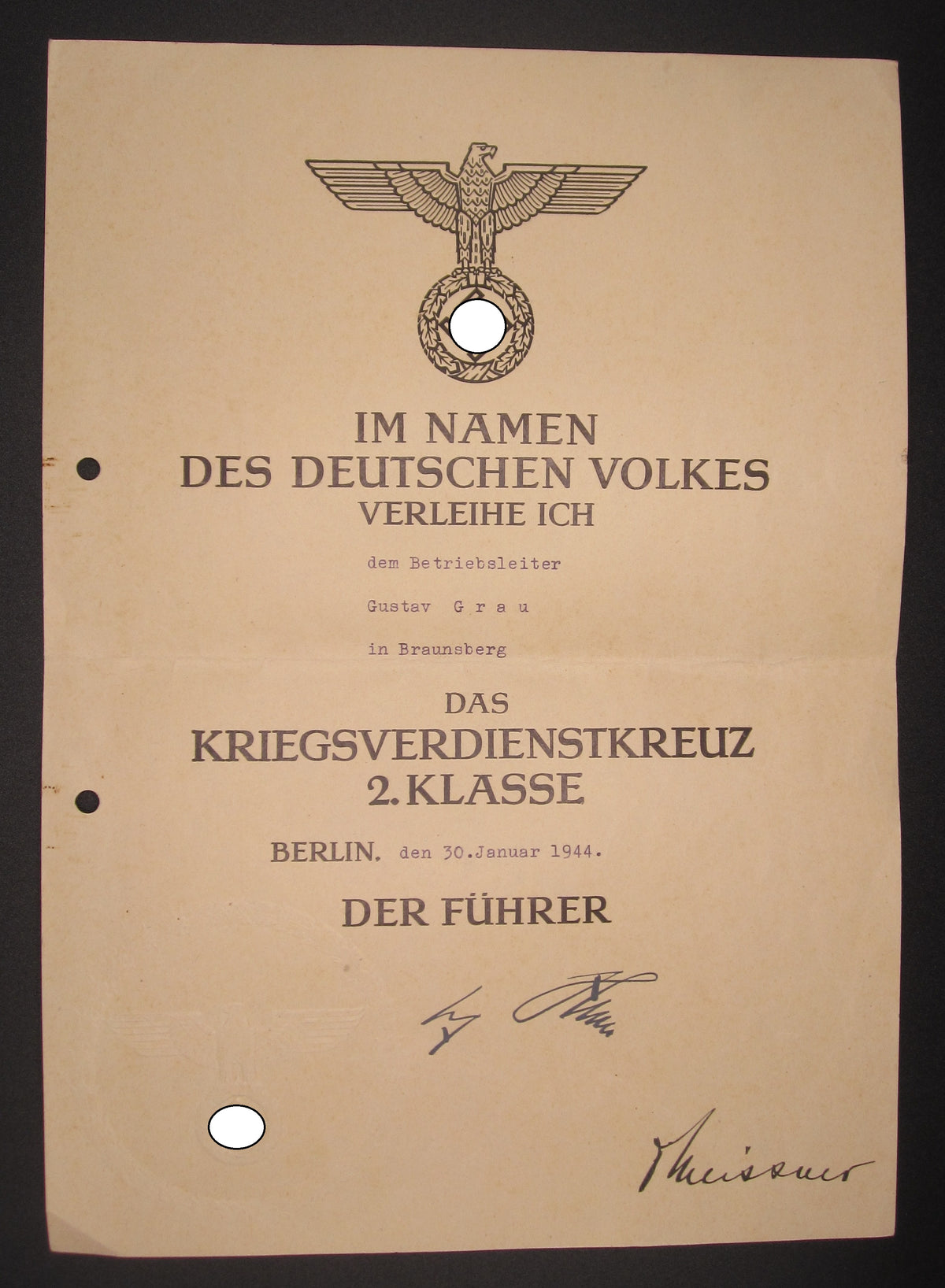 Verleihungsurkunde zum Treudienstehrenzeichen Braunsberg / Masuren / Ostpreußen