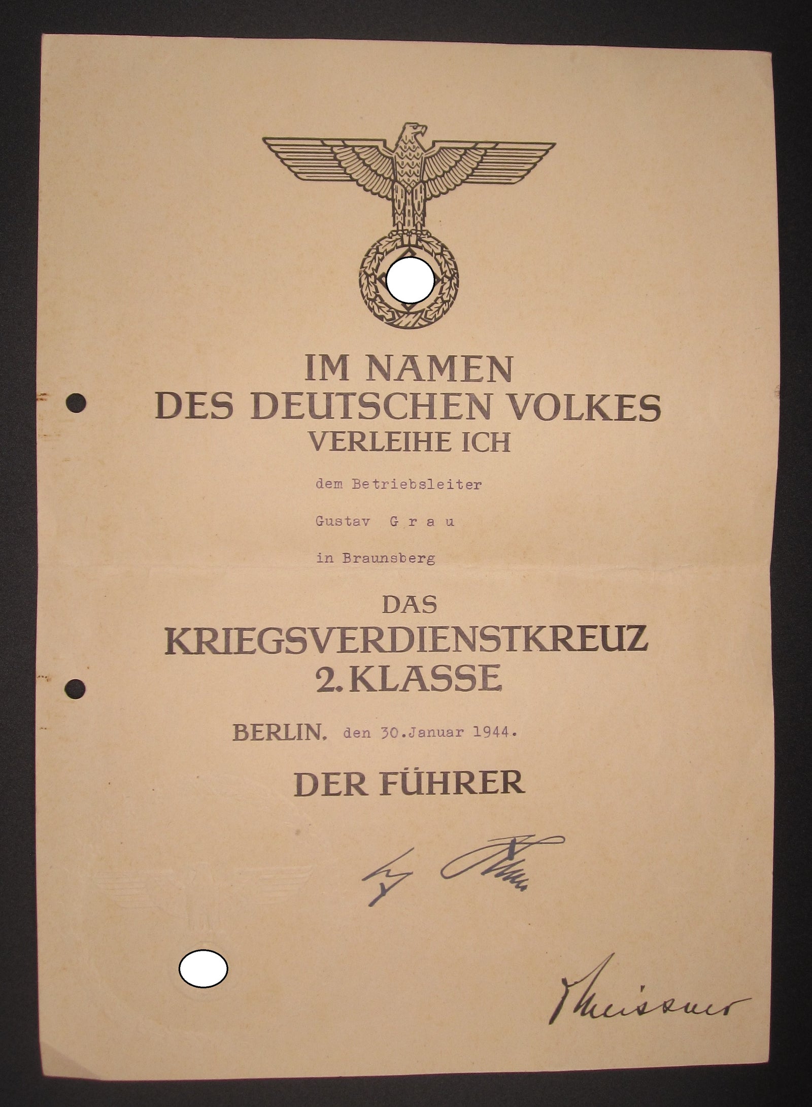 Verleihungsurkunde zum Treudienstehrenzeichen Braunsberg / Masuren / Ostpreußen