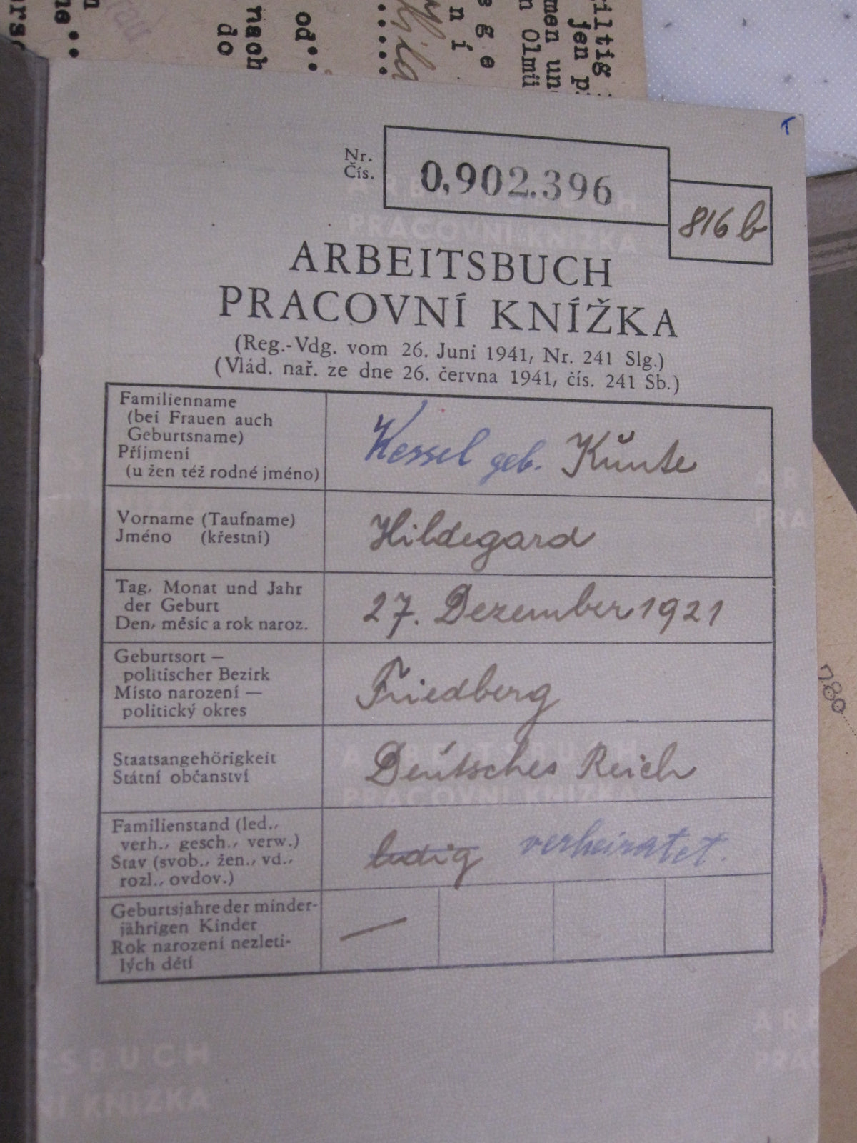 Konvolut einer Frau Arbeitsbuch Protektorat Böhmen &amp; Mähren