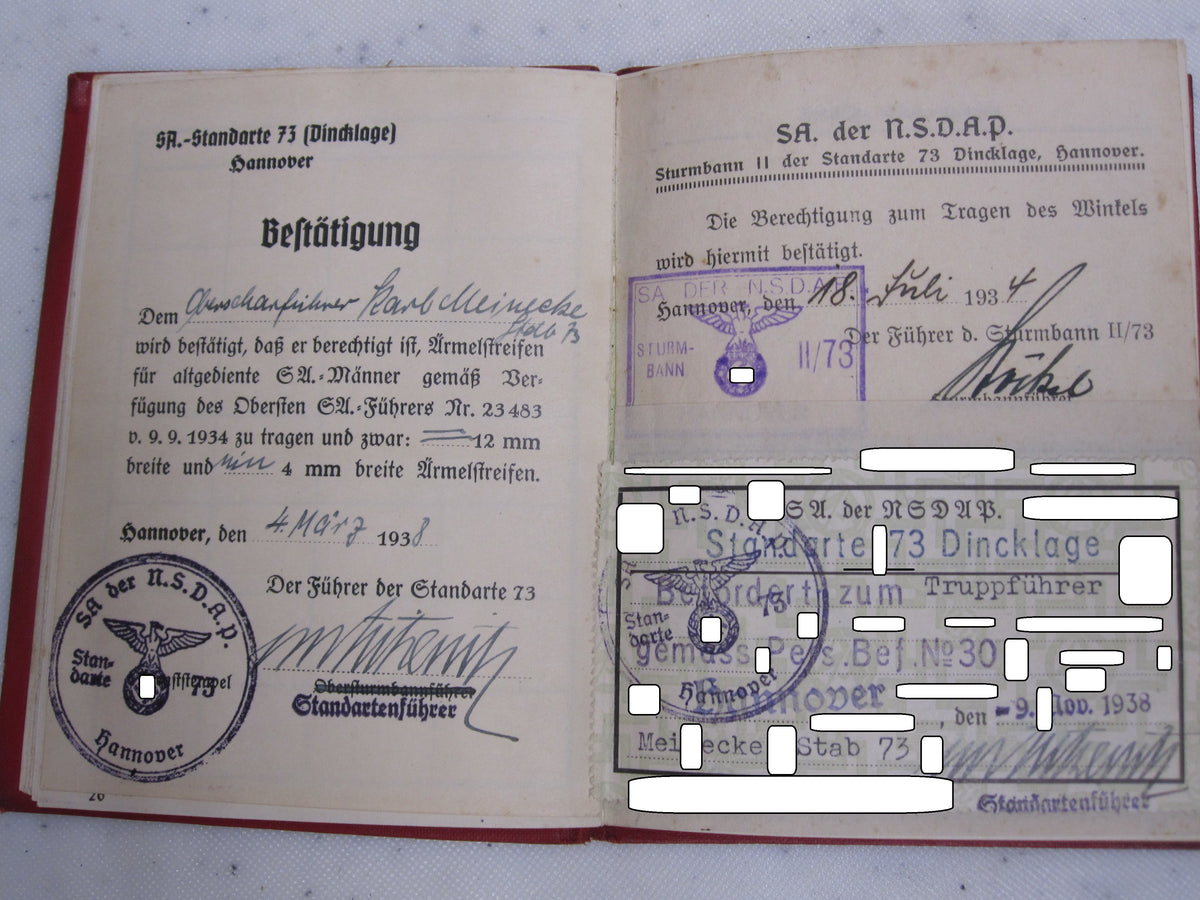 Parteibuch NSDAP Mitgliedsbuch für Truppführer aus Hannover / Dincklage