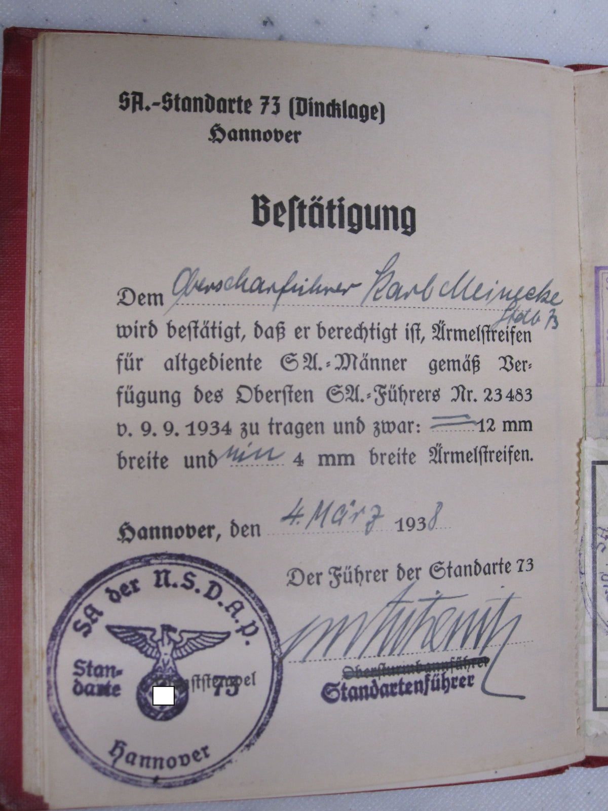 Parteibuch NSDAP Mitgliedsbuch für Truppführer aus Hannover / Dincklage