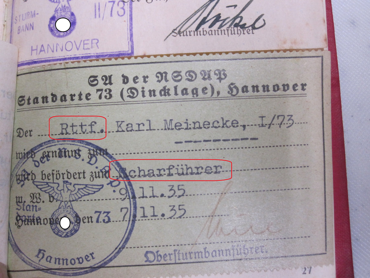 Parteibuch NSDAP Mitgliedsbuch für Truppführer aus Hannover / Dincklage