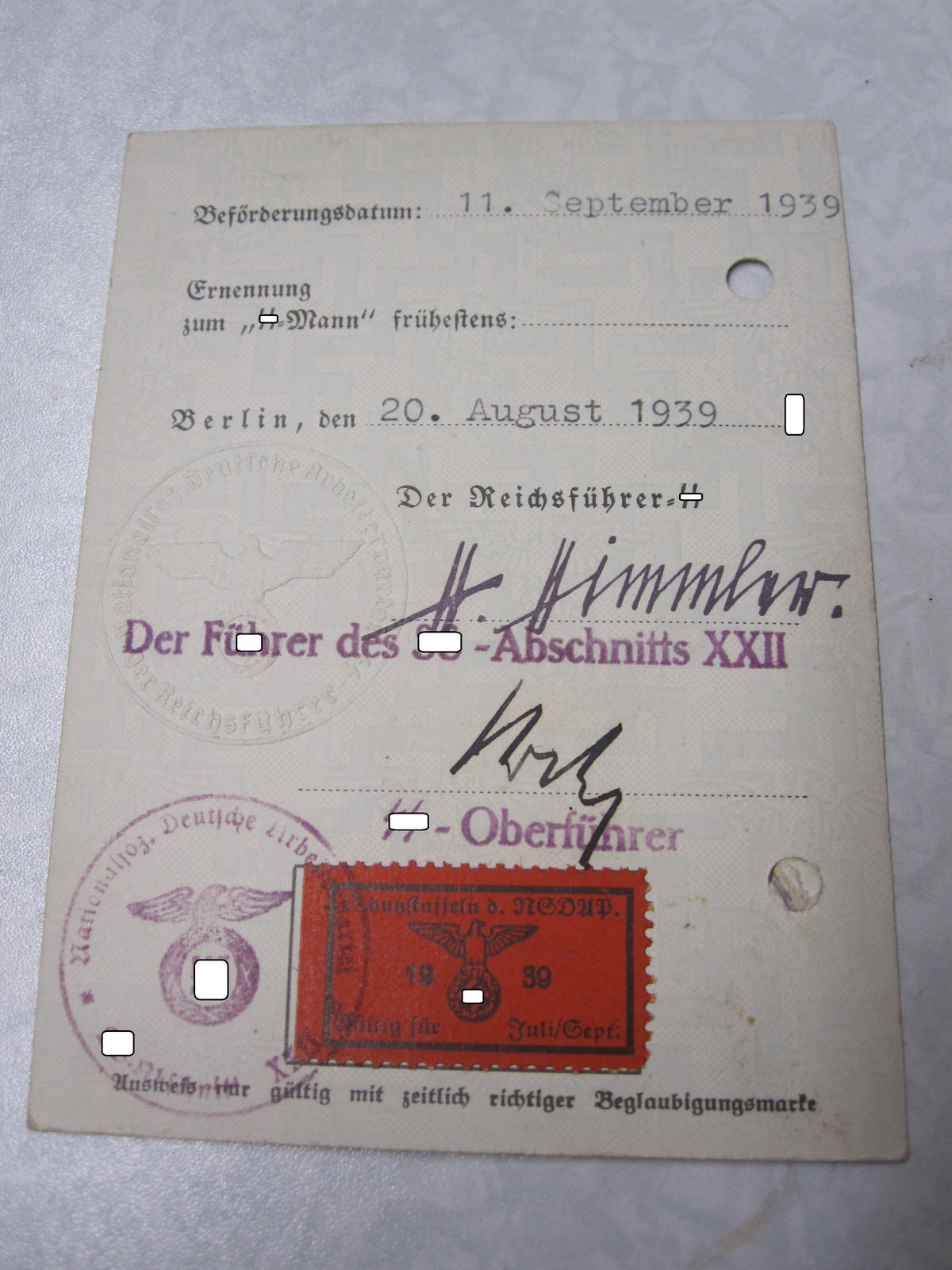 H.W.  -  -  SS Unterführer Ausweis