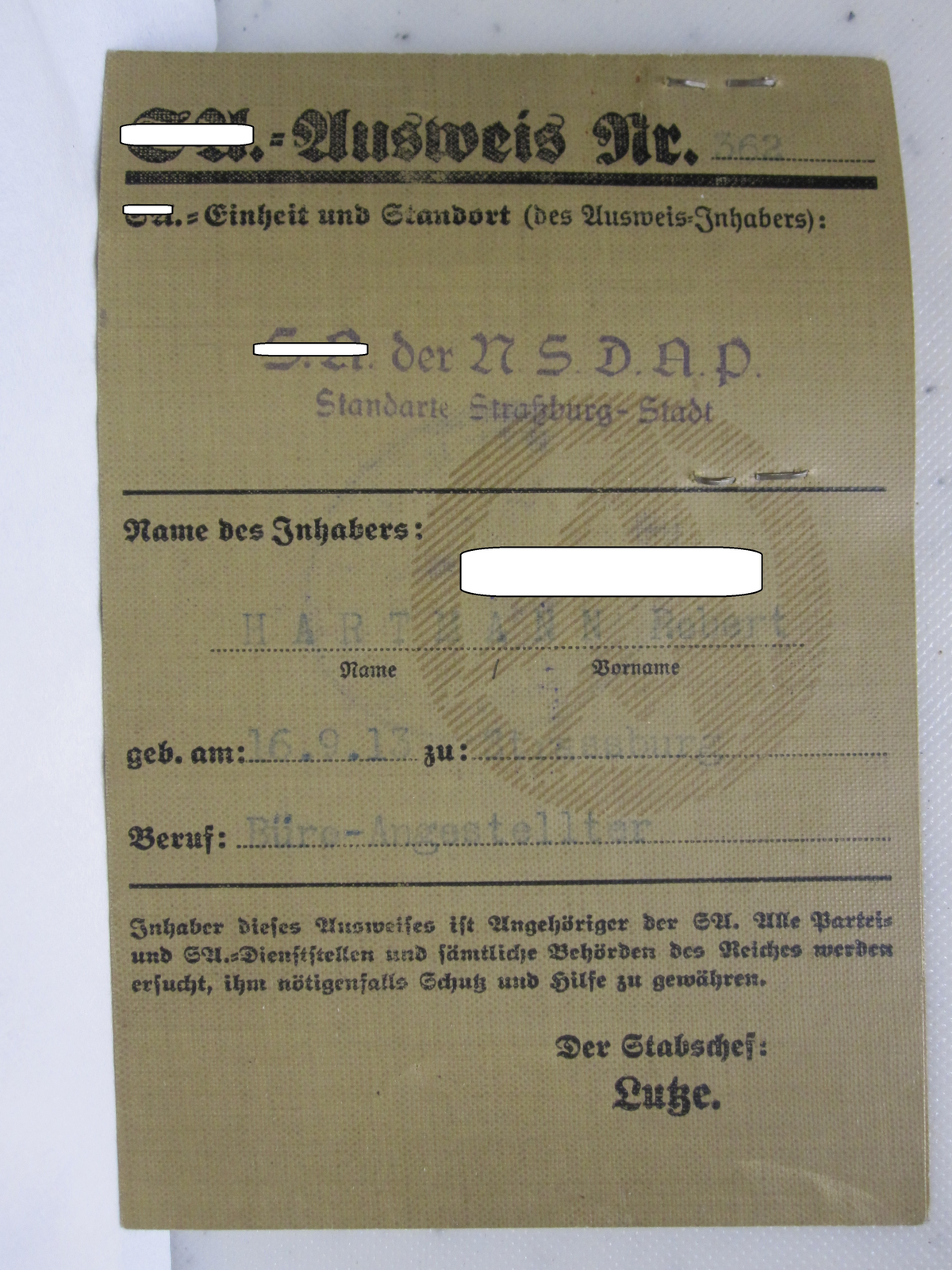 H.W.  -  -  SA Dienstausweis Straßburg / Elsass SA - Standarte 132