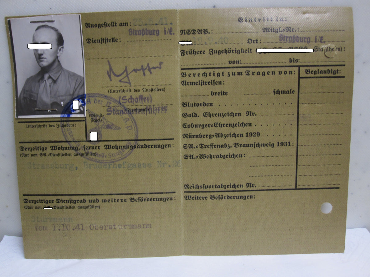 H.W.  -  -  SA Dienstausweis Straßburg / Elsass SA - Standarte 132