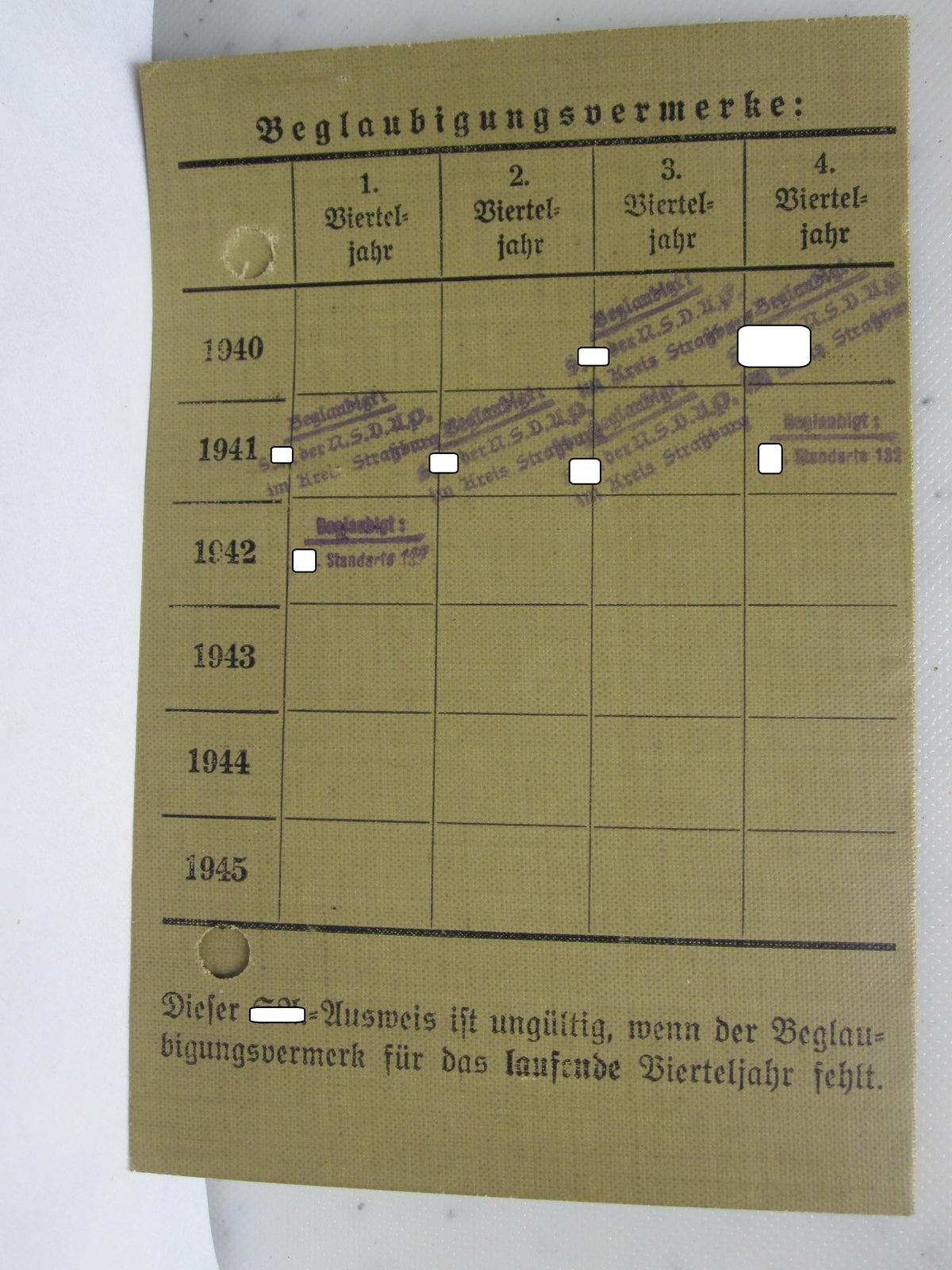 H.W.  -  -  SA Dienstausweis Straßburg / Elsass SA - Standarte 132