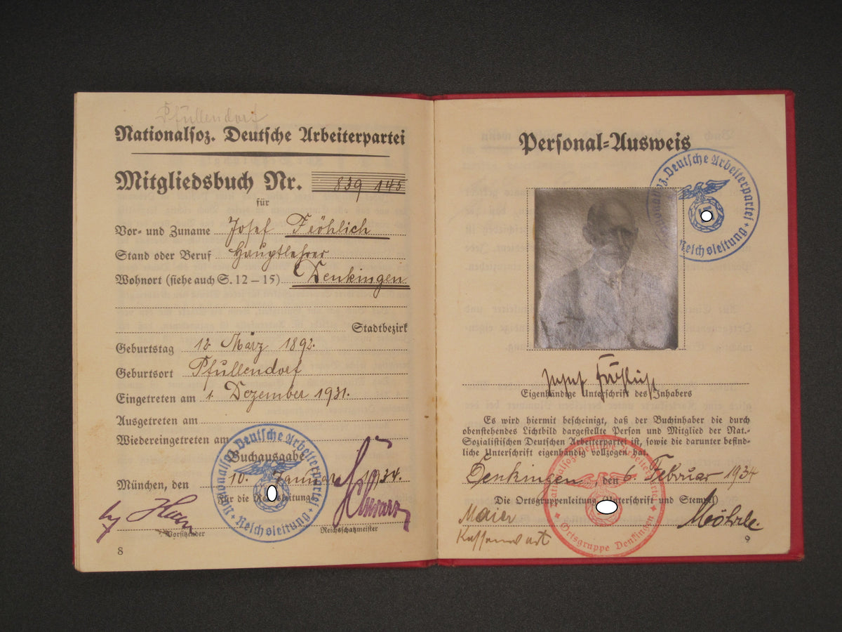 H.W.  -  -  Parteibuch NSDAP Mitgliedsbuch Pfullendorf Denkingen 1934