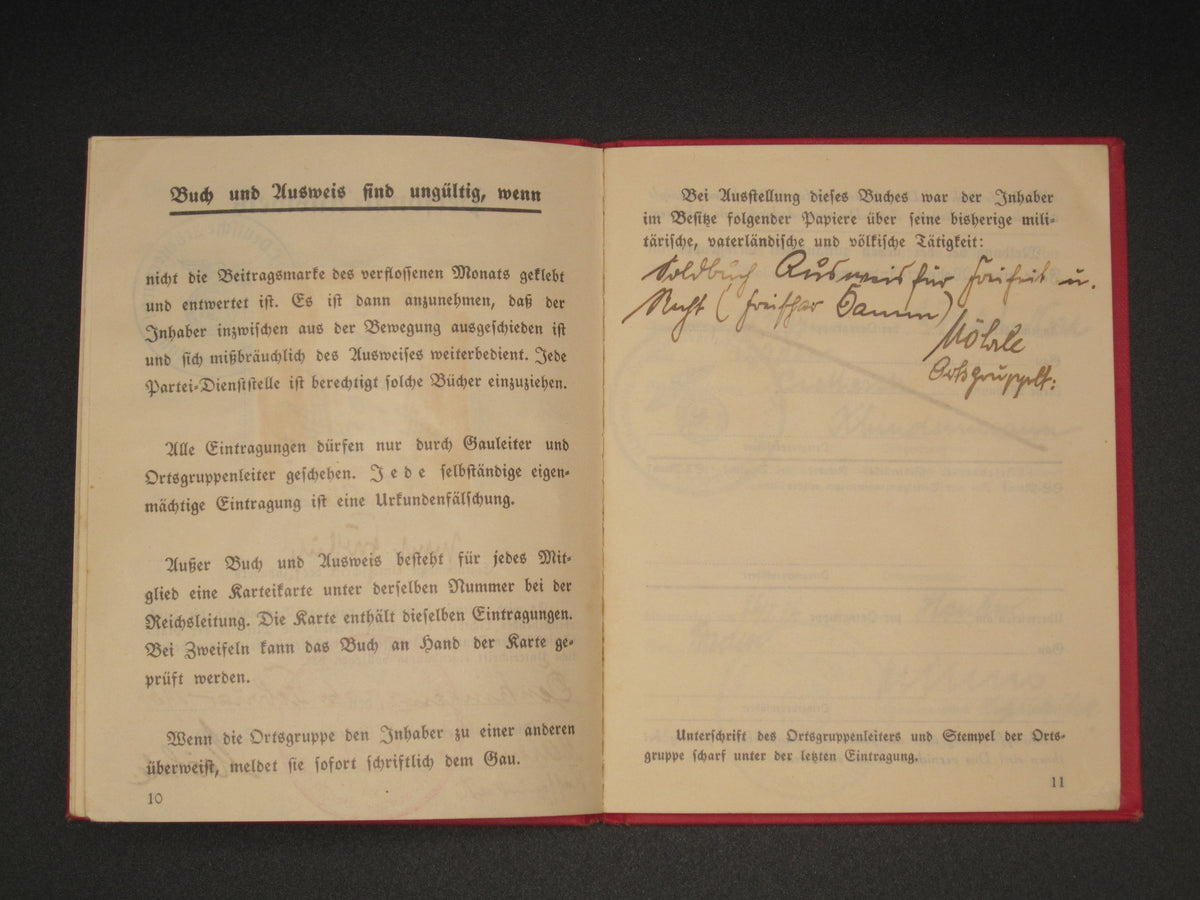 H.W.  -  -  Parteibuch NSDAP Mitgliedsbuch Pfullendorf Denkingen 1934