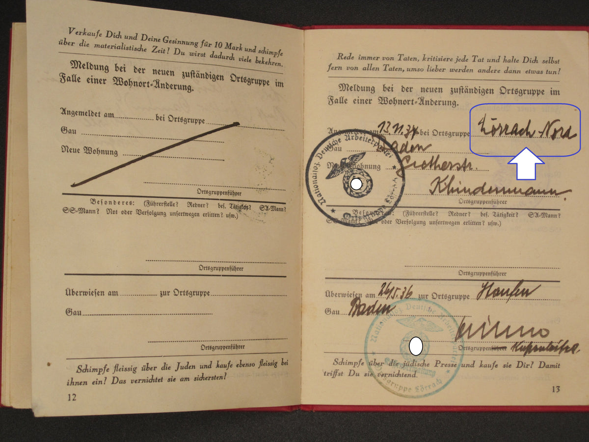 H.W.  -  -  Parteibuch NSDAP Mitgliedsbuch Pfullendorf Denkingen 1934