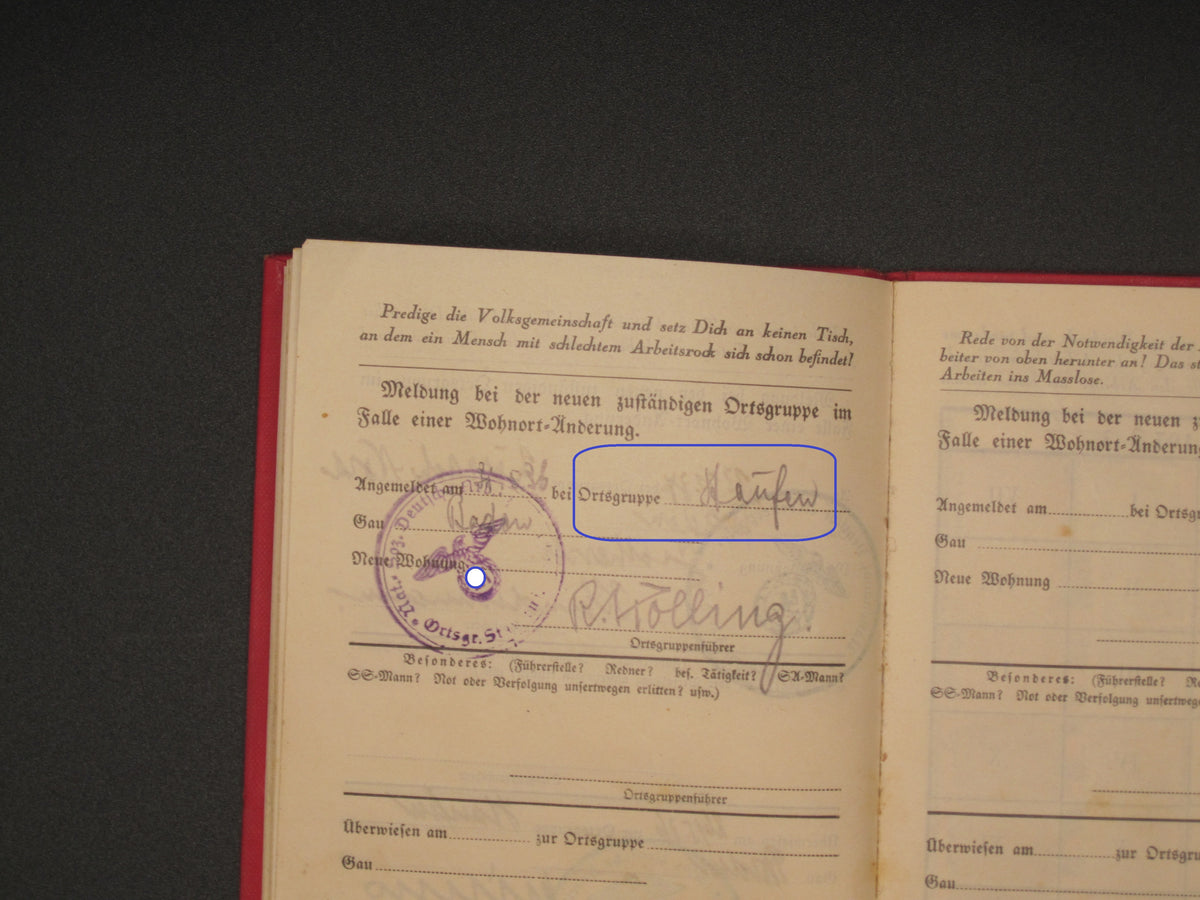 H.W.  -  -  Parteibuch NSDAP Mitgliedsbuch Pfullendorf Denkingen 1934