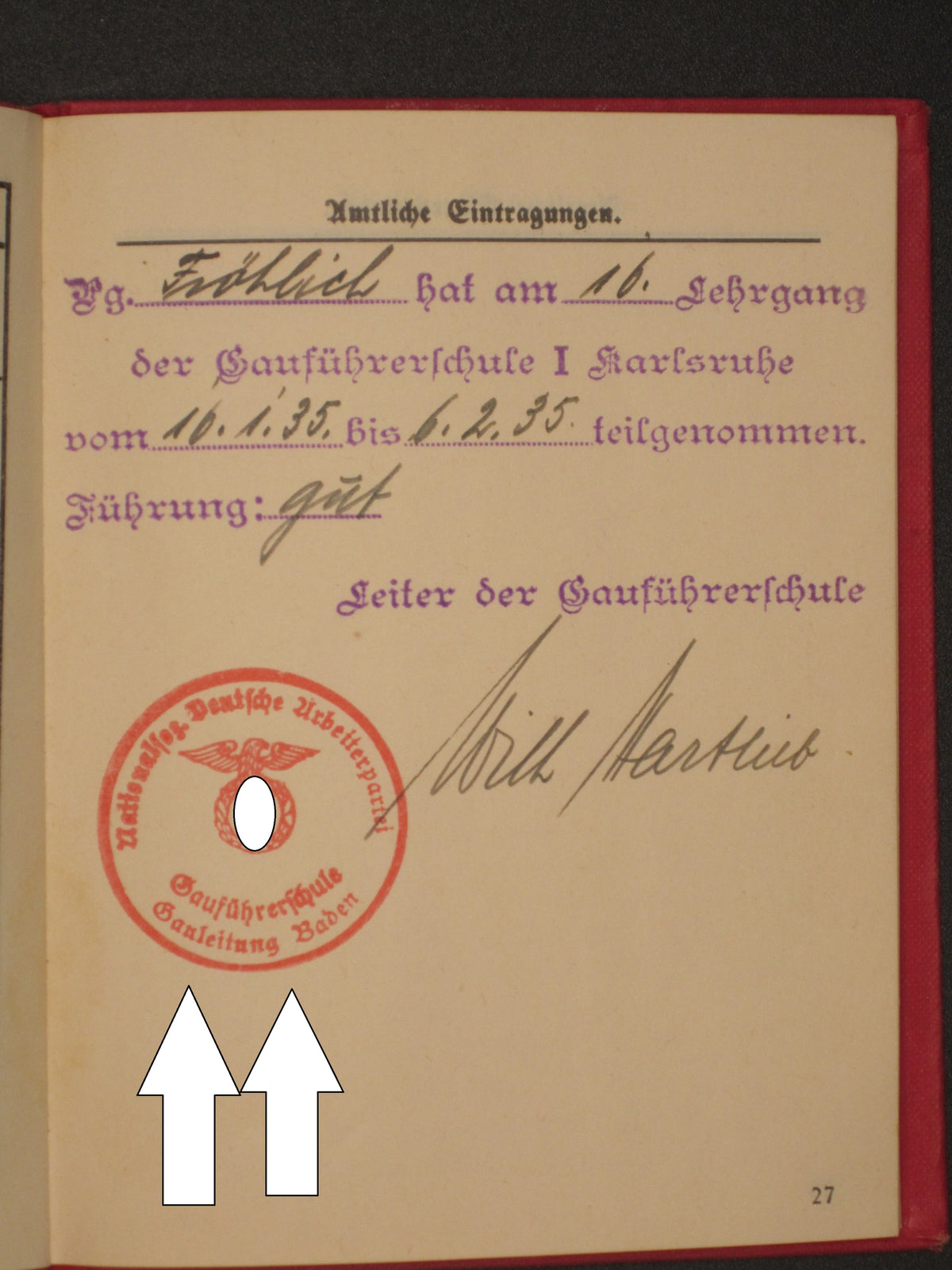 H.W.  -  -  Parteibuch NSDAP Mitgliedsbuch Pfullendorf Denkingen 1934