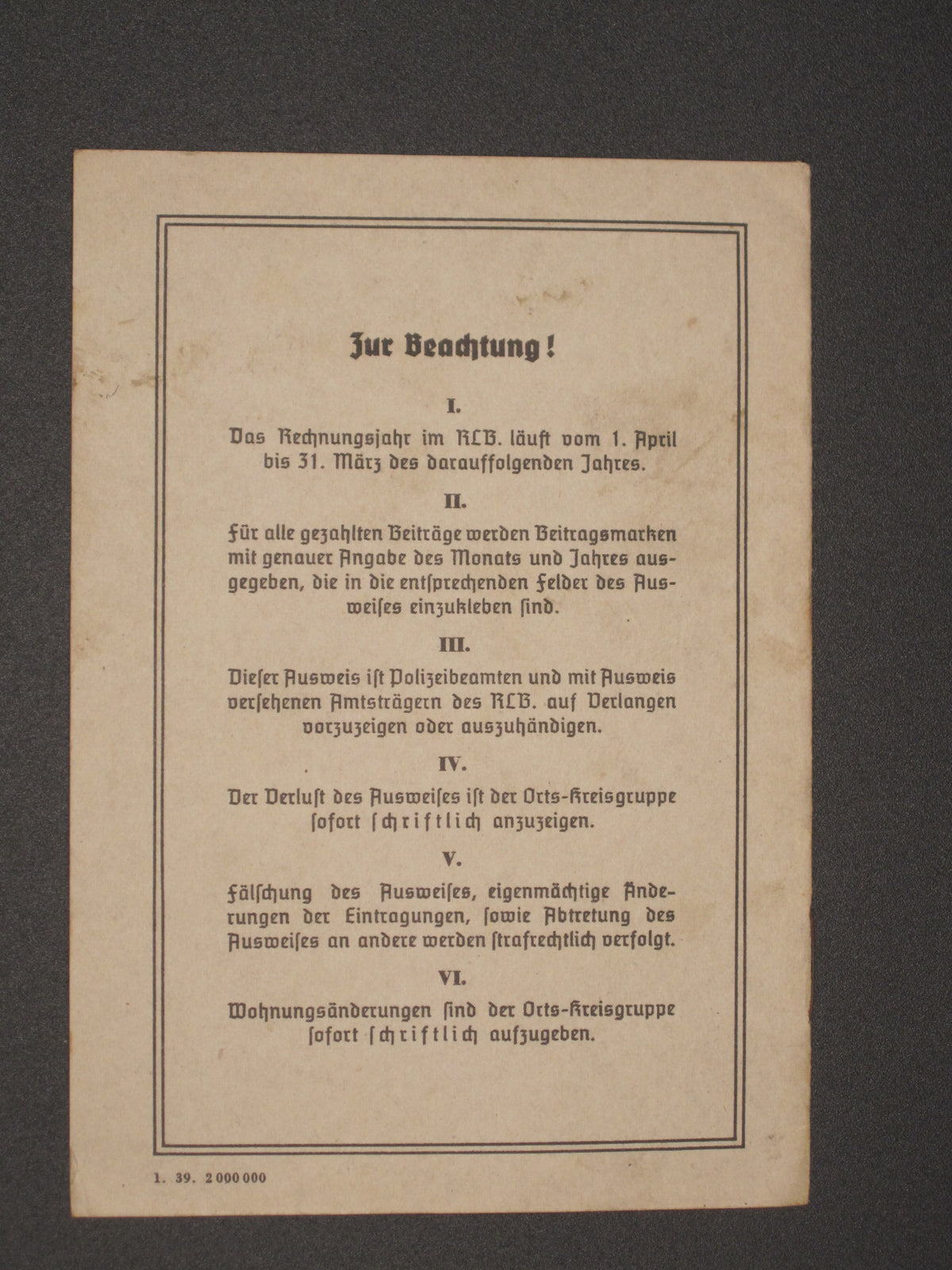 H.W.  -  -  Reichsluftschutzbund (RLB) Mitgliedsbuch Saulheim Hessen