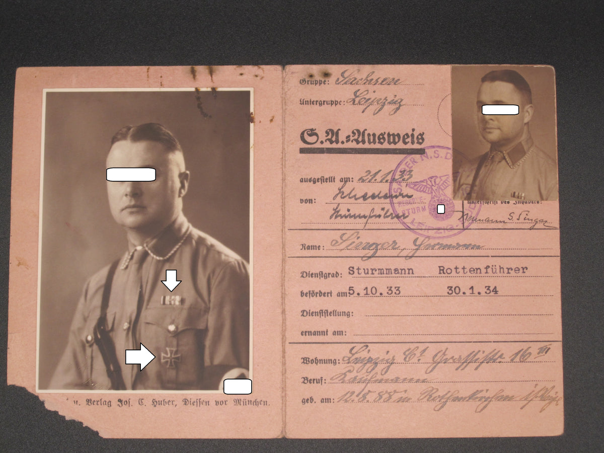 H.W.  -  -  SA Dienstausweis Leipzig / Sachsen SA - Sturm 107 versetzt zum REICHSFÜHRER - SS !!!!!