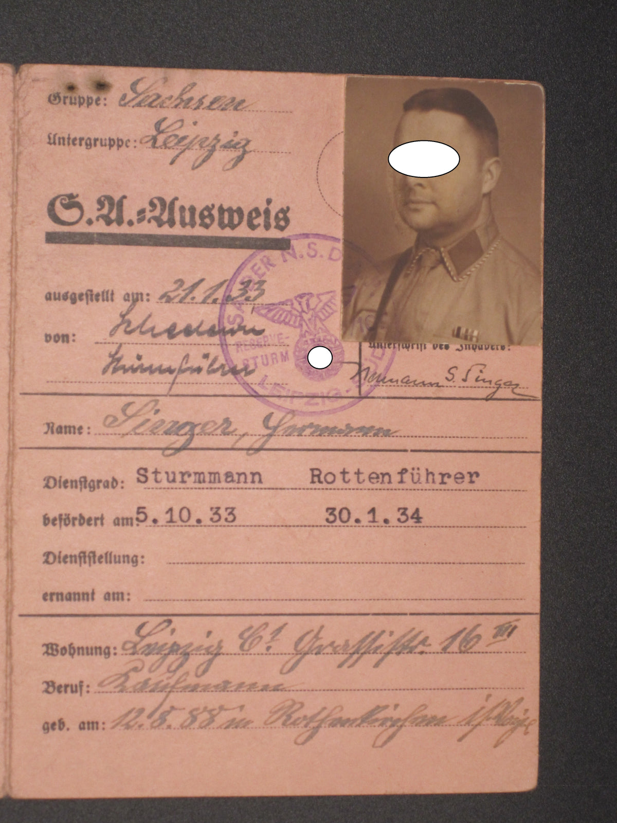 H.W.  -  -  SA Dienstausweis Leipzig / Sachsen SA - Sturm 107 versetzt zum REICHSFÜHRER - SS !!!!!