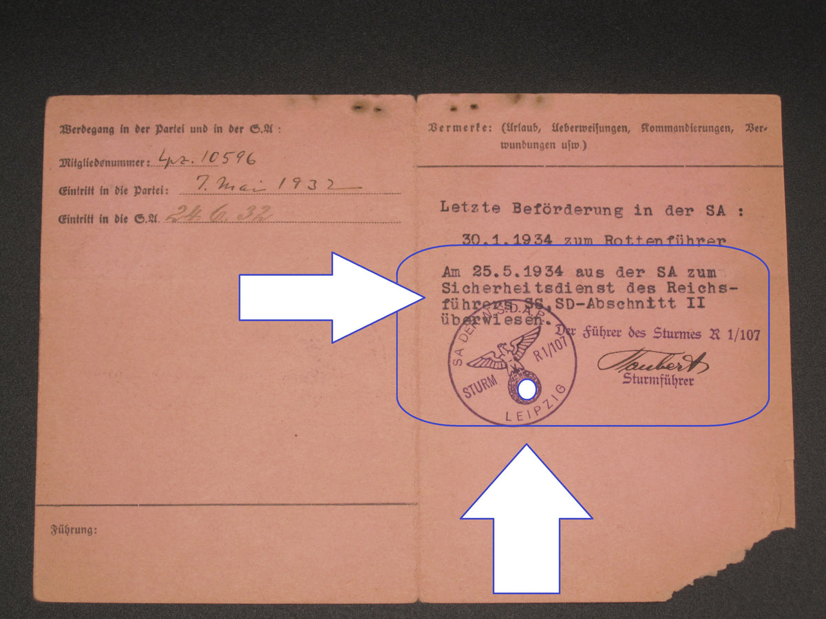 H.W.  -  -  SA Dienstausweis Leipzig / Sachsen SA - Sturm 107 versetzt zum REICHSFÜHRER - SS !!!!!