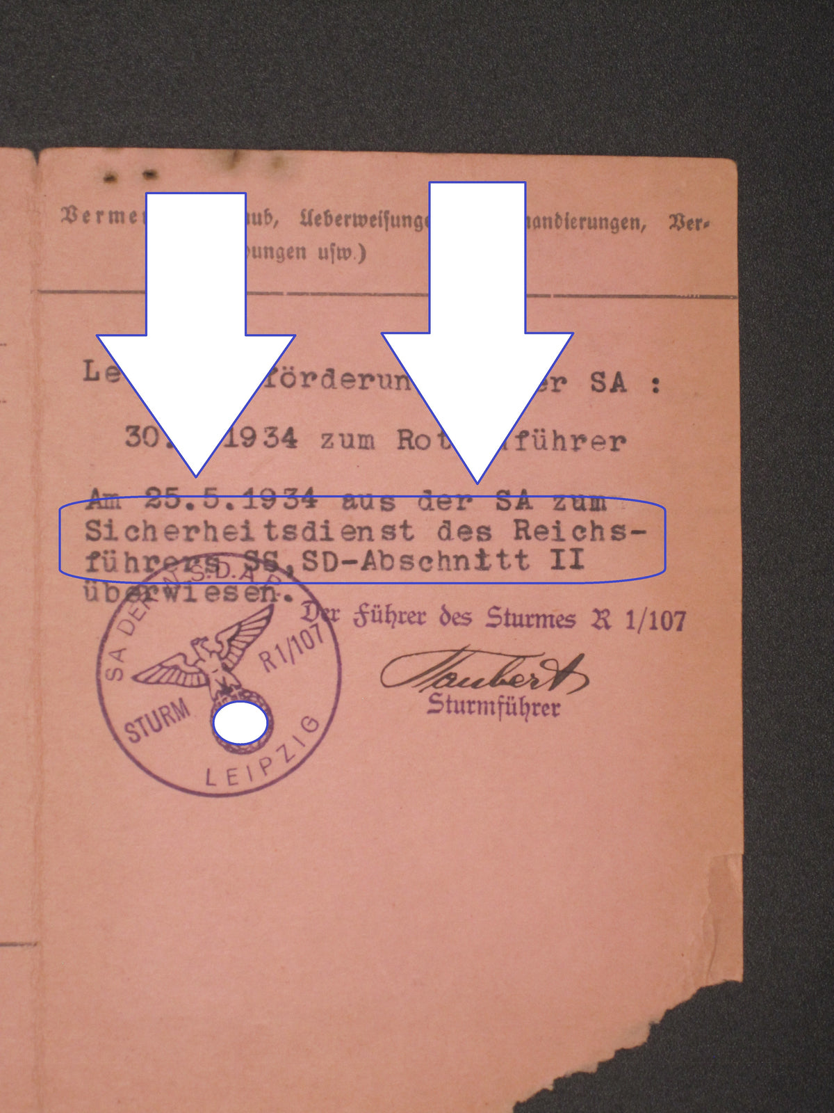 H.W.  -  -  SA Dienstausweis Leipzig / Sachsen SA - Sturm 107 versetzt zum REICHSFÜHRER - SS !!!!!