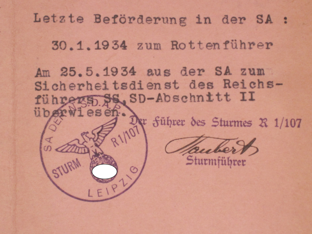 H.W.  -  -  SA Dienstausweis Leipzig / Sachsen SA - Sturm 107 versetzt zum REICHSFÜHRER - SS !!!!!