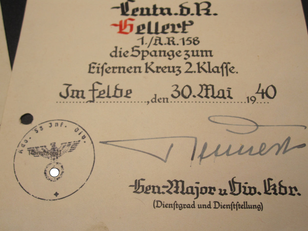 Verleihungsurkunden Besitzzeugnisse Dokumente Wiederholungsspange zum EK1 &amp; EK2