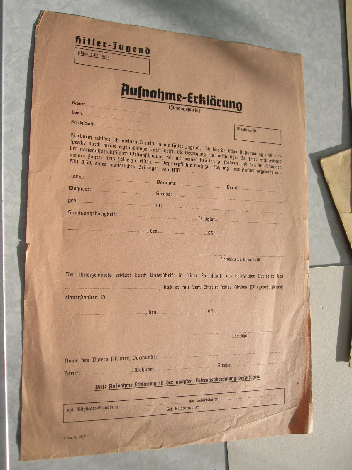 Hitlerjugend Aufnahme Erklärung Zugangsschein BLANKO