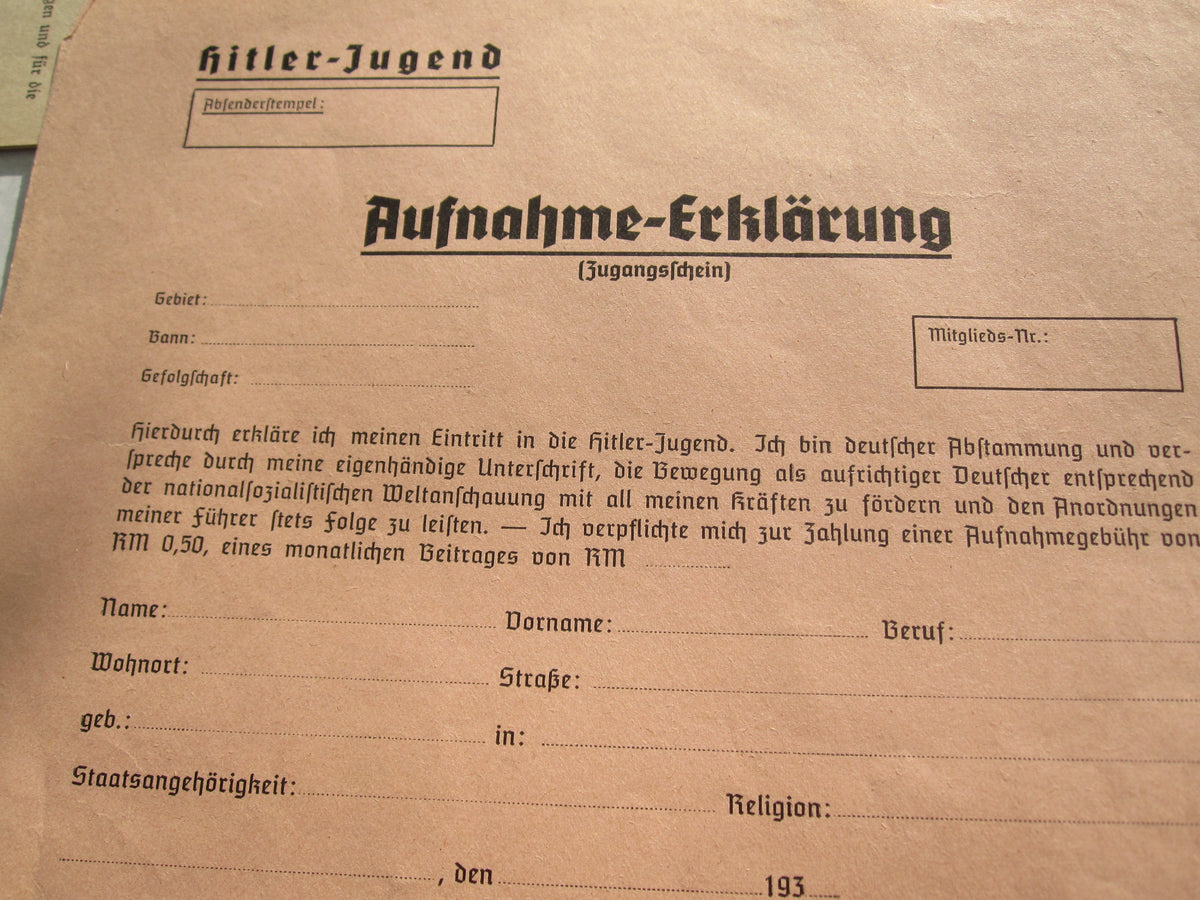 Hitlerjugend Aufnahme Erklärung Zugangsschein BLANKO