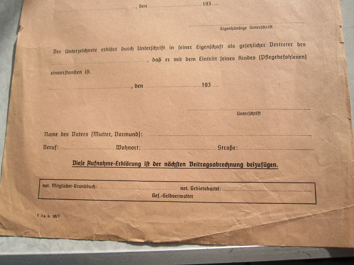 Hitlerjugend Aufnahme Erklärung Zugangsschein BLANKO