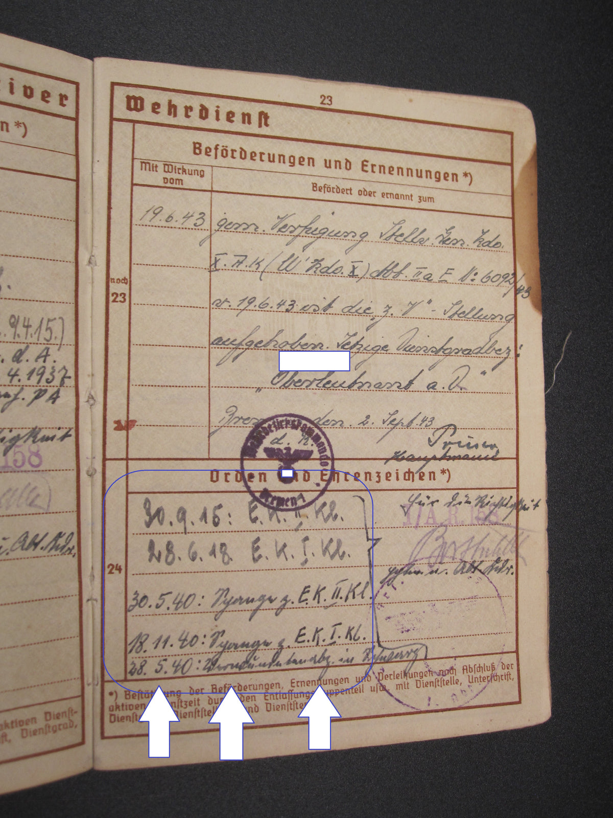 Verleihungsurkunden Besitzzeugnisse Dokumente Wiederholungsspange zum EK1 &amp; EK2