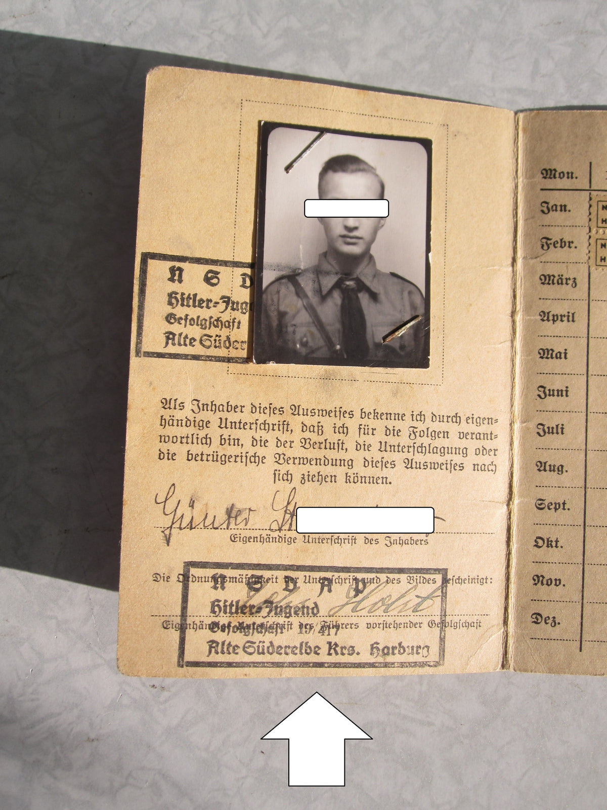 Mitgliedsausweis Hitlerjugend (HJ) Fähnlein ADMIRAL HIPPER Hamburg Harburg