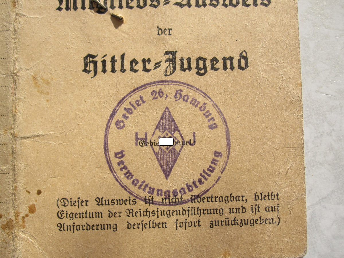 Mitgliedsausweis Hitlerjugend (HJ) Fähnlein ADMIRAL HIPPER Hamburg Harburg