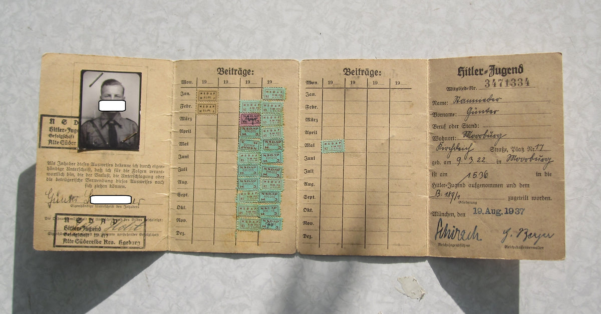 Mitgliedsausweis Hitlerjugend (HJ) Fähnlein ADMIRAL HIPPER Hamburg Harburg