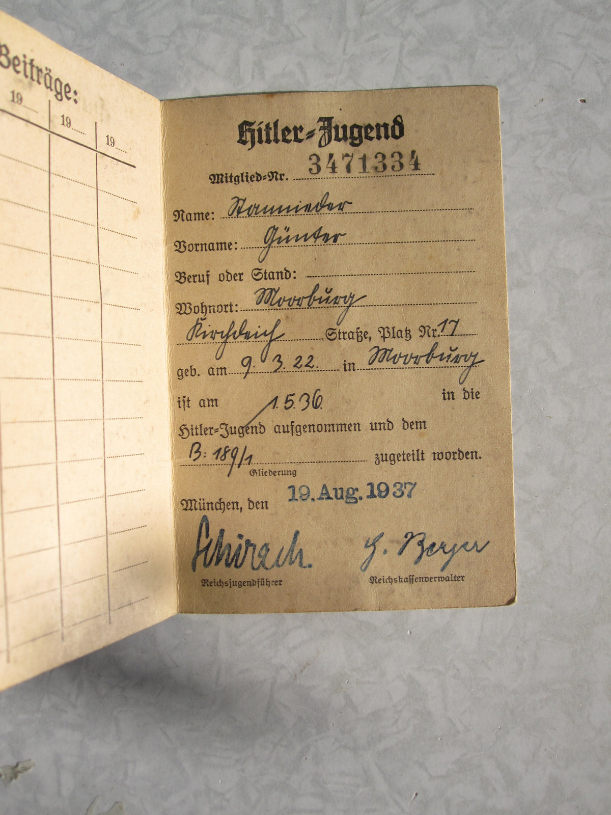 Mitgliedsausweis Hitlerjugend (HJ) Fähnlein ADMIRAL HIPPER Hamburg Harburg