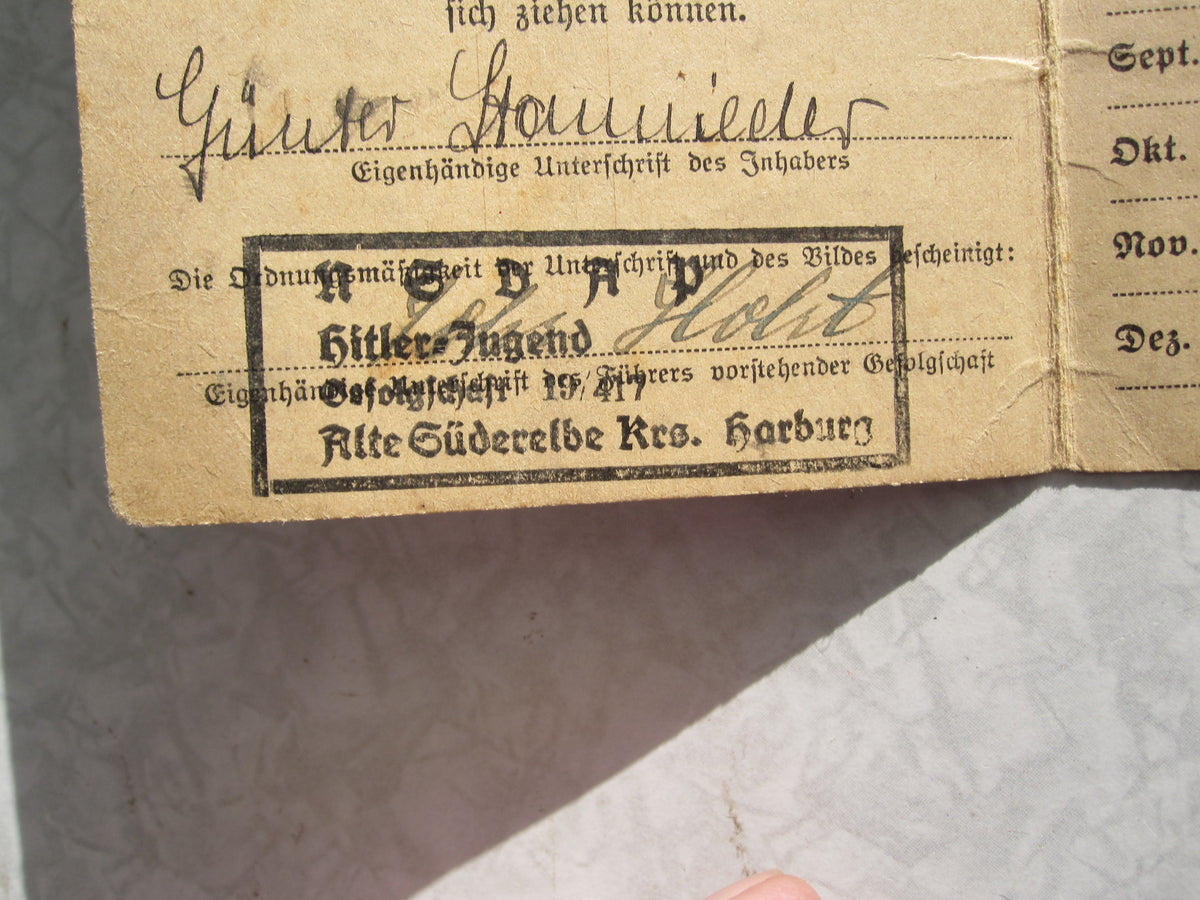 Mitgliedsausweis Hitlerjugend (HJ) Fähnlein ADMIRAL HIPPER Hamburg Harburg