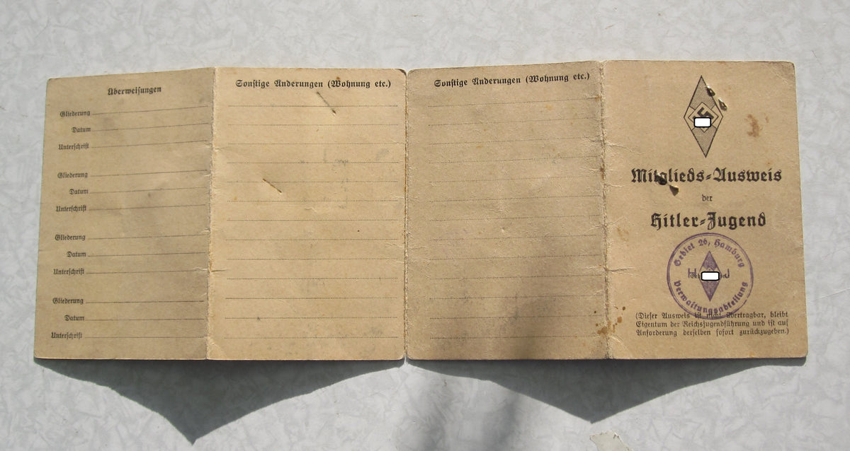 Mitgliedsausweis Hitlerjugend (HJ) Fähnlein ADMIRAL HIPPER Hamburg Harburg