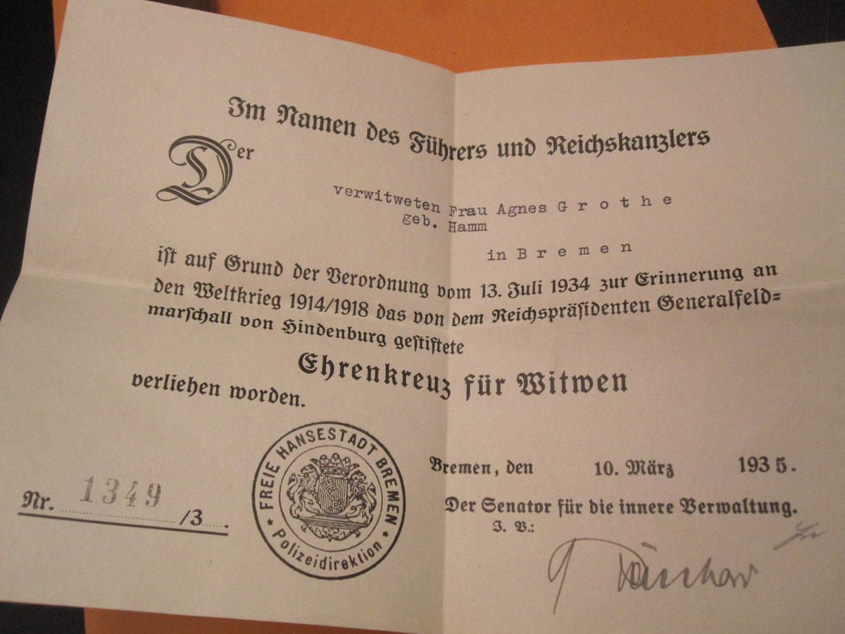 BREMEN Ehrenkreuz des 1.Weltkrieges gefallener Frontkämpfer Hersteller: &quot;SCH.H.&quot; &amp; Verleihungsurkunde