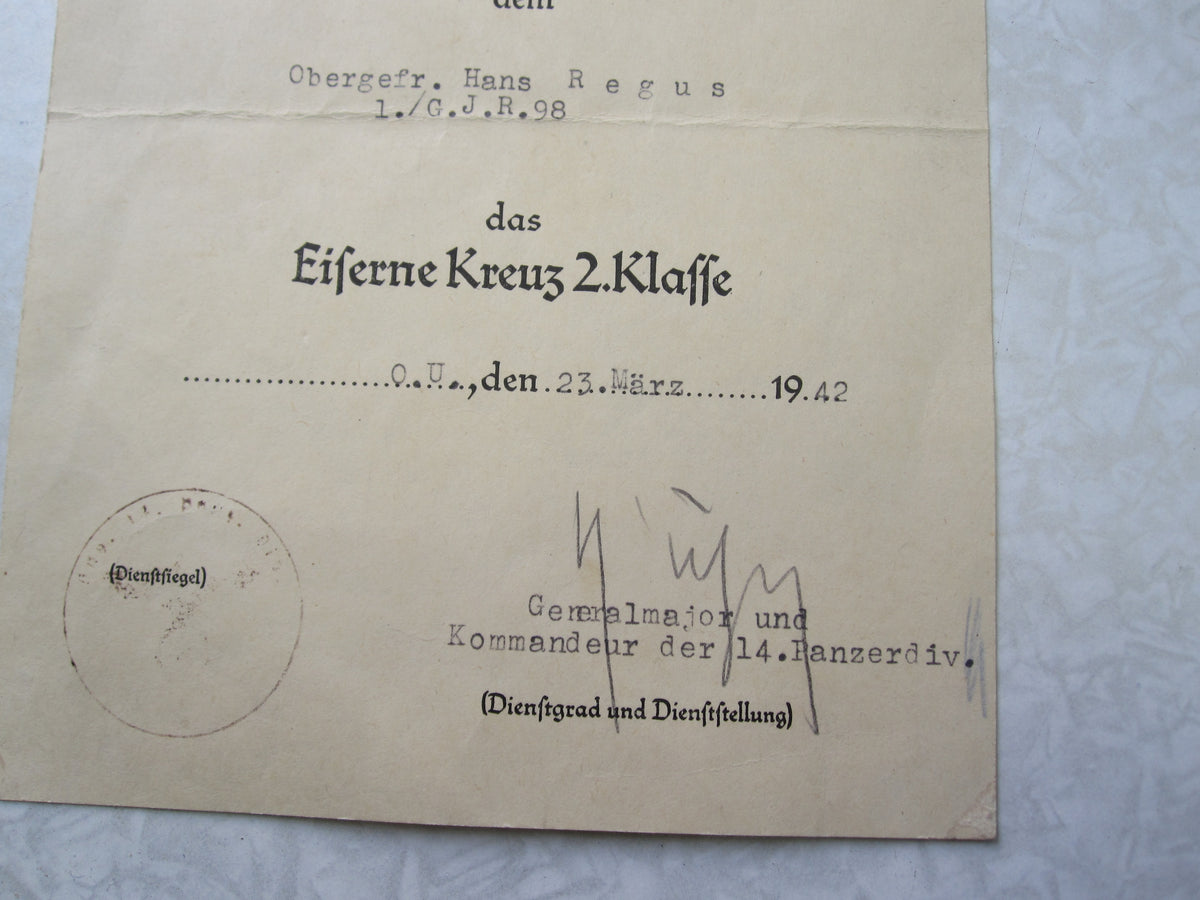 Gebirgsjäger Verleihungsurkunde zum Eisernen Kreuz 2. Klasse (EK2/39)