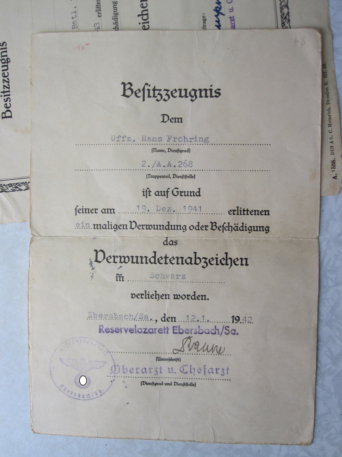 Verleihungsurkunde zum Verwundetenabzeichen Schwarz &amp; Silber Wehrmacht