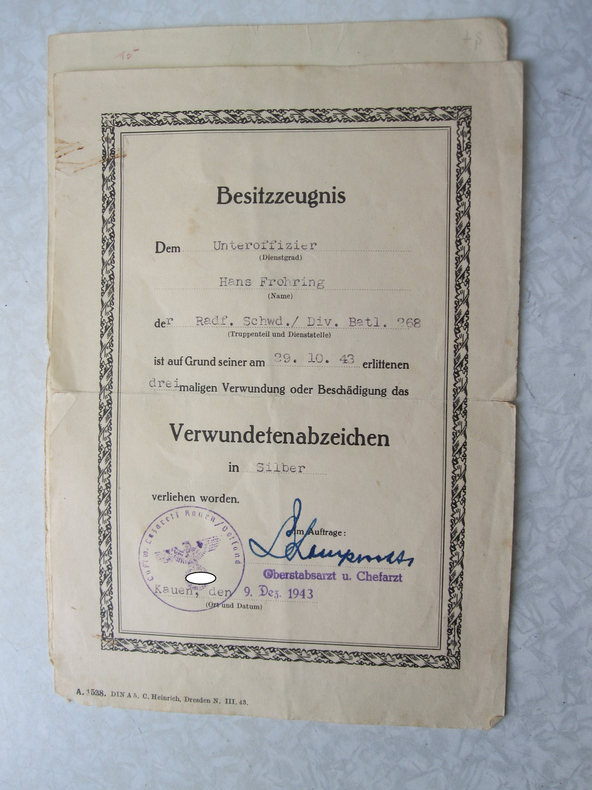 Verleihungsurkunde zum Verwundetenabzeichen Schwarz &amp; Silber Wehrmacht