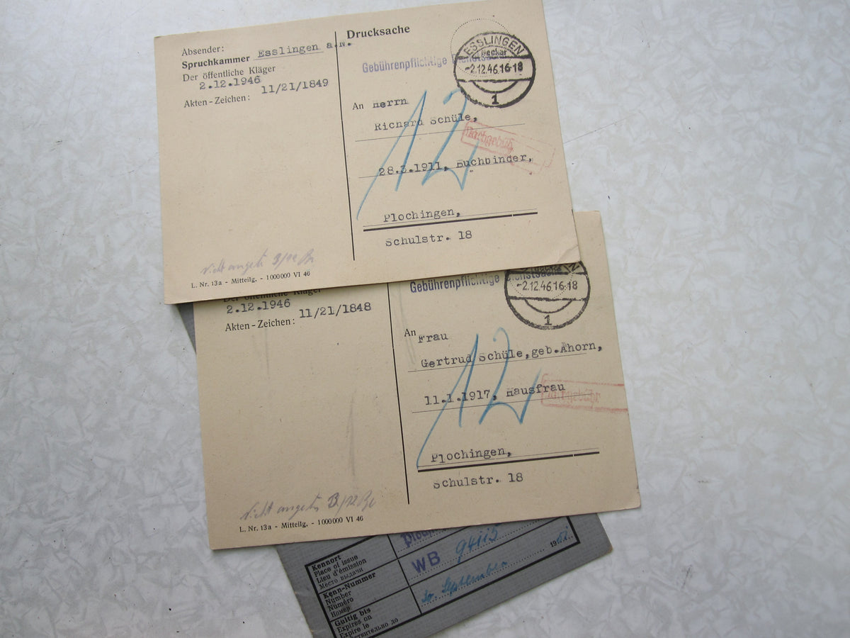 Dokumente eines Ehepaares Befreiung von Nationalsozialismus und Militarismus PLOCHINGEN ESSLINGEN am Neckar / Stuttgart