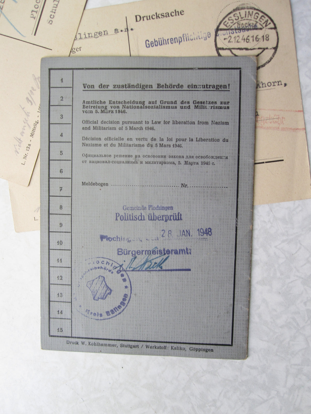 Dokumente eines Ehepaares Befreiung von Nationalsozialismus und Militarismus PLOCHINGEN ESSLINGEN am Neckar / Stuttgart