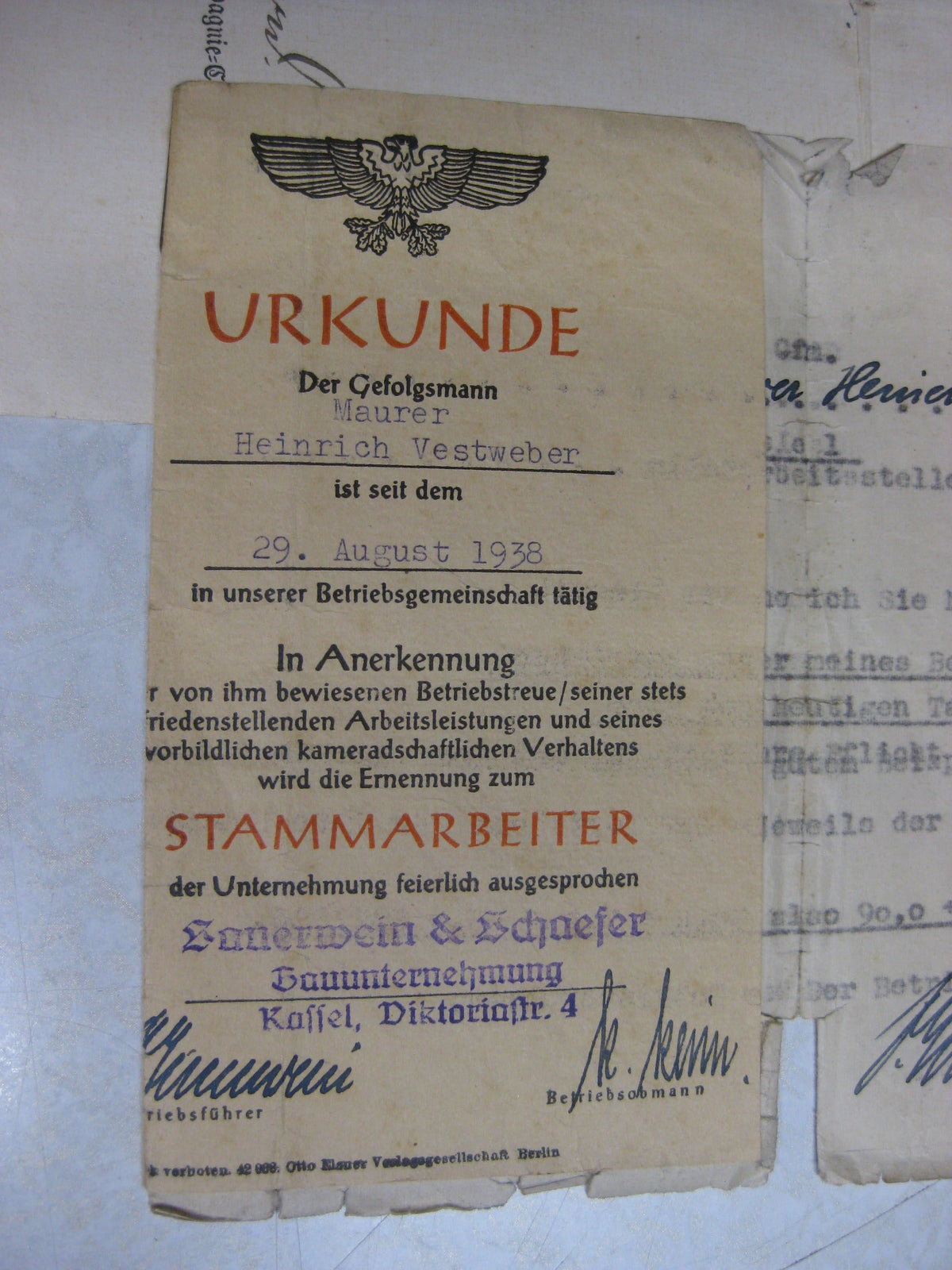 Führungszeugnis Urkunde 3.Reich Kaiserreich kurhessisches Infanterie Regiment Nr.82 Arbeitsbuch Mitgliedsbuch NSDAP