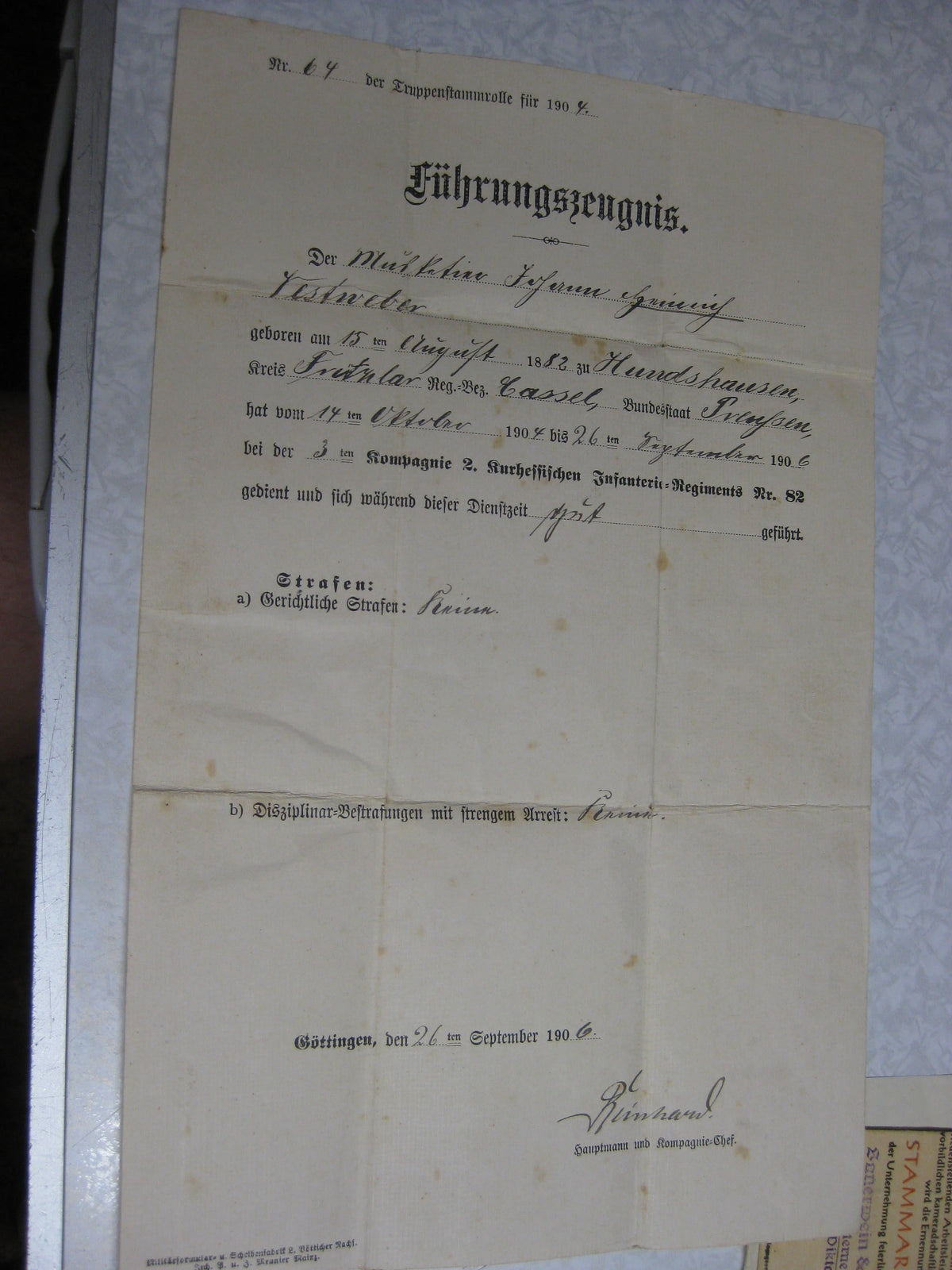 Führungszeugnis Urkunde 3.Reich Kaiserreich kurhessisches Infanterie Regiment Nr.82 Arbeitsbuch Mitgliedsbuch NSDAP